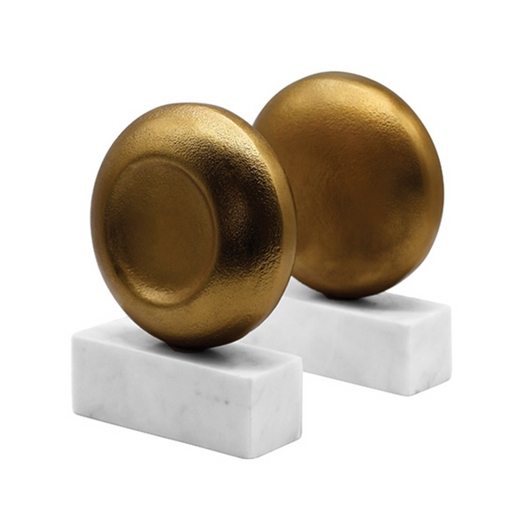 Disky Textured Brass Bookends on Marble Base - Set of 2