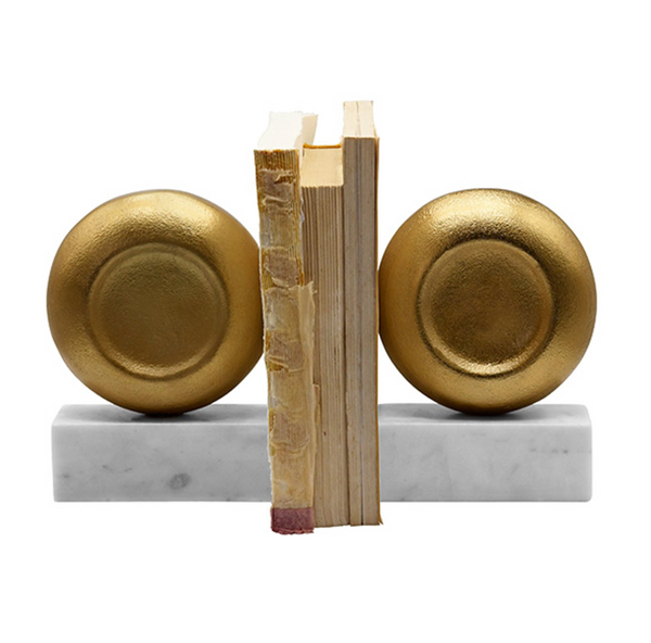 Disky Textured Brass Bookends on Marble Base - Set of 2