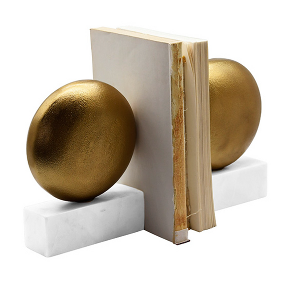 Disky Textured Brass Bookends on Marble Base - Set of 2