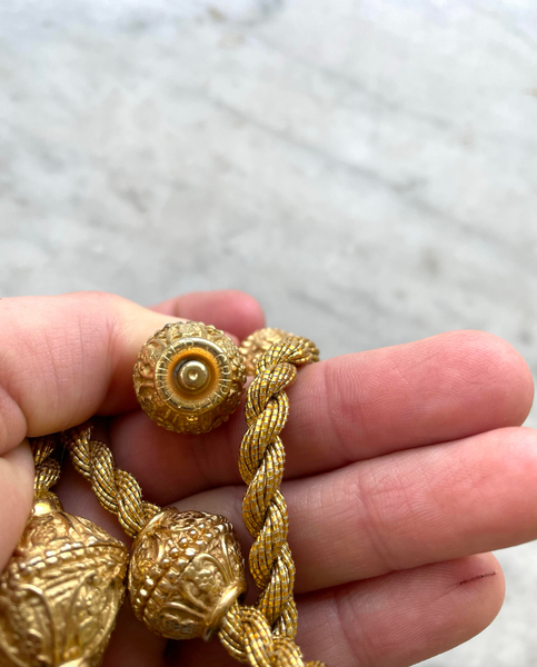 15" Vintage 1980s Braid & Bead Gold Plated Necklace