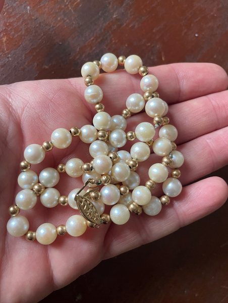 Vintage Mid Century Cultured Pearl Necklace with 14K Gold Spacer Beads
