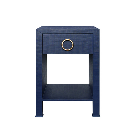 Malcolm One Drawer Side Table - Navy Linen w/Brass Drawer Pull