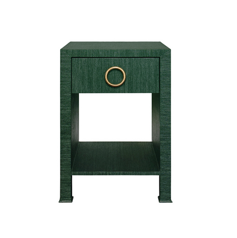 Malcolm One Drawer Side Table - Green Grasscloth w/Brass Drawer Pull
