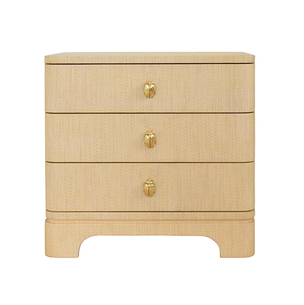 Fortune Rounded Edge Three Drawer Side Table - Natural Grasscloth w/Brass Beetle Knobs