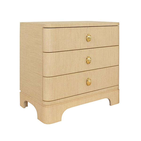 Fortune Rounded Edge Three Drawer Side Table - Natural Grasscloth w/Brass Beetle Knobs