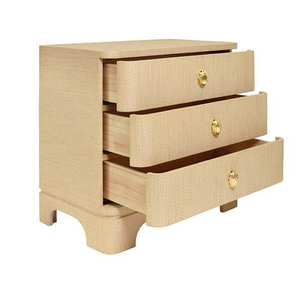 Fortune Rounded Edge Three Drawer Side Table - Natural Grasscloth w/Brass Beetle Knobs