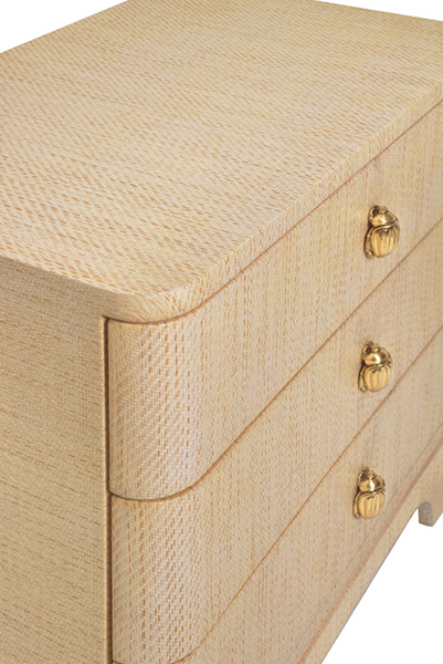 Fortune Rounded Edge Three Drawer Side Table - Natural Grasscloth w/Brass Beetle Knobs