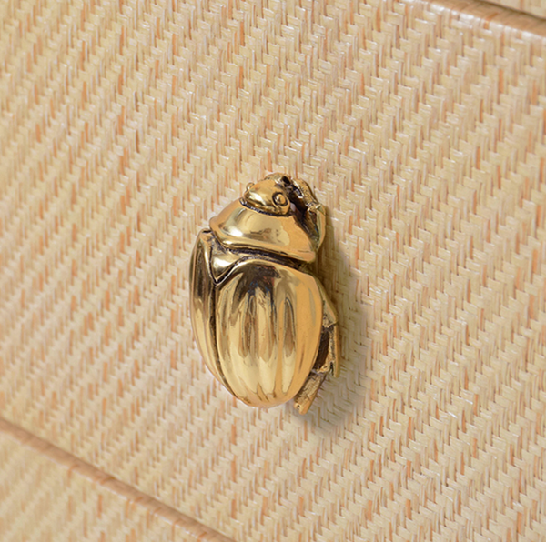 Fortune Rounded Edge Three Drawer Side Table - Natural Grasscloth w/Brass Beetle Knobs