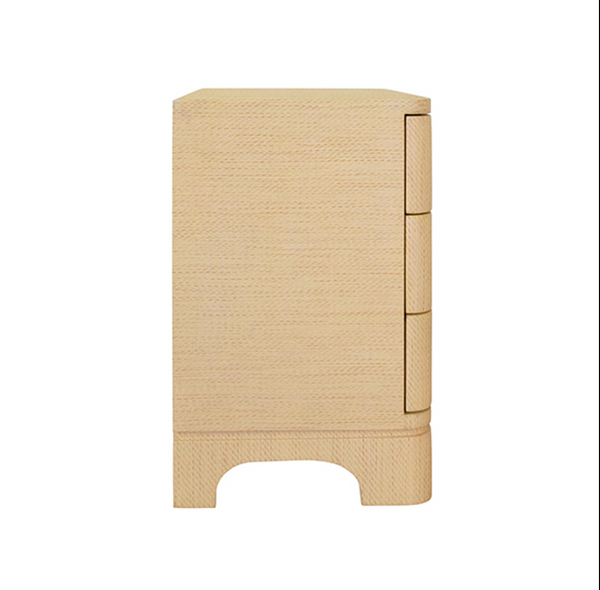 Fortune Rounded Edge Three Drawer Side Table - Natural Grasscloth w/Brass Beetle Knobs