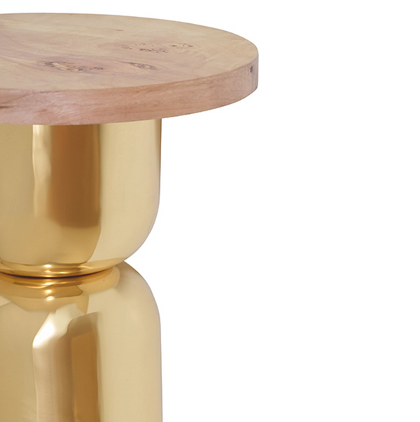 Alina Polished Brass Side Table with Round Burlwood Top