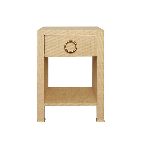 Malcolm One Drawer Side Table - Natural Grasscloth w/Brass Drawer Pull