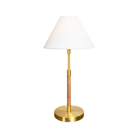 Melton Rechargeable Table Lamp w/White Linen Shade- Rattan & Brass