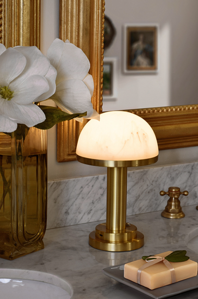 Ike Modern Brass Rechargeable Table Lamp w/Faux Alabaster Dome Shade