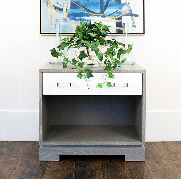 Shane One Drawer Side Table - Grey Cerused Oak, White Lacquer, Acrylic, & Nickel
