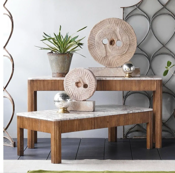 Channeled Mango Wood & Marble Coffee Table - Matthew Izzo Collection