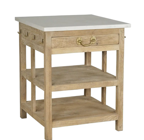 Mango Wood Small Kitchen Island w/Banswara Marble Top - Matthew Izzo Collection
