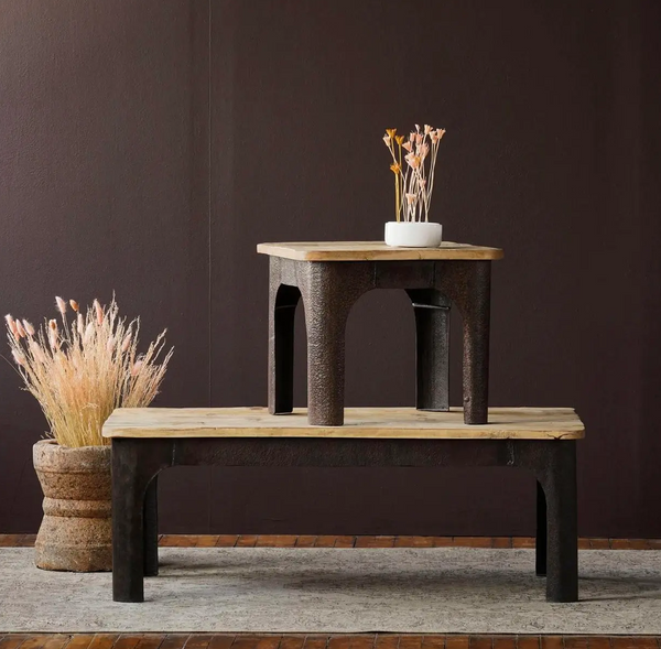 Rustic Upcyled Wood & Textured Iron Coffee Table
