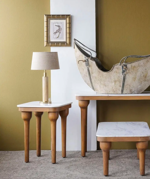 Square Mango Wood & White Marble Top Side Table - Matthew Izzo Collection