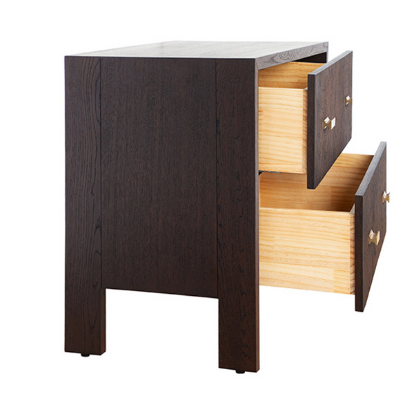 Andre Two Drawer Side Table w/Brass Knobs- Espresso Oak, Natural Oak or White Lacquer