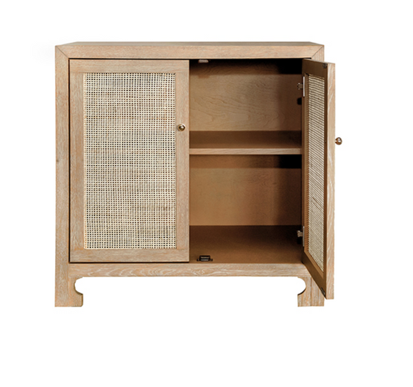 Alden Two Door Cabinet  - Cerused Oak, Cane, & Brass Knobs