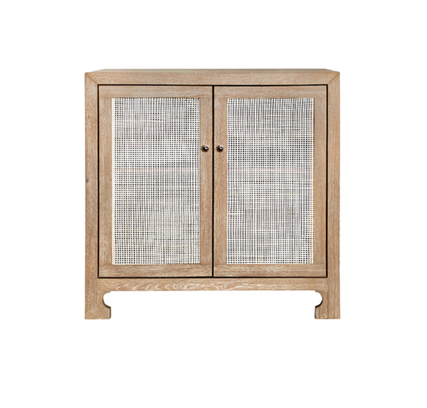 Alden Two Door Cabinet  - Cerused Oak, Cane, & Brass Knobs