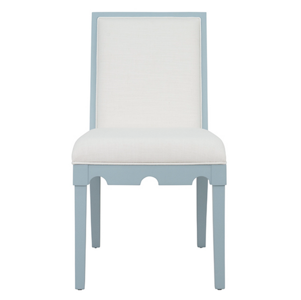 Lanister Matte Light Blue Lacquer Square Back Dining Chair with White Performance Linen Back & Seat