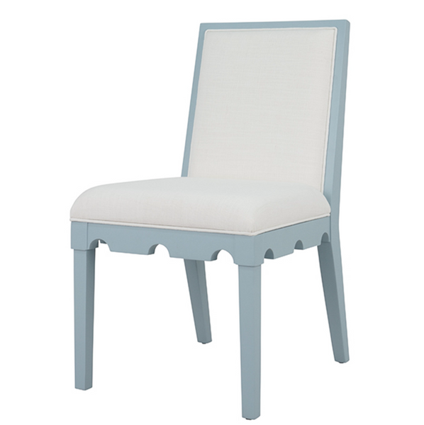 Lanister Matte Light Blue Lacquer Square Back Dining Chair with White Performance Linen Back & Seat