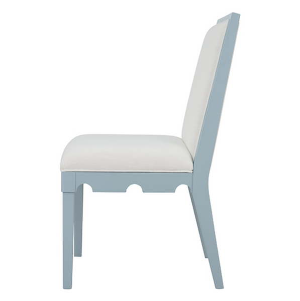 Lanister Matte Light Blue Lacquer Square Back Dining Chair with White Performance Linen Back & Seat