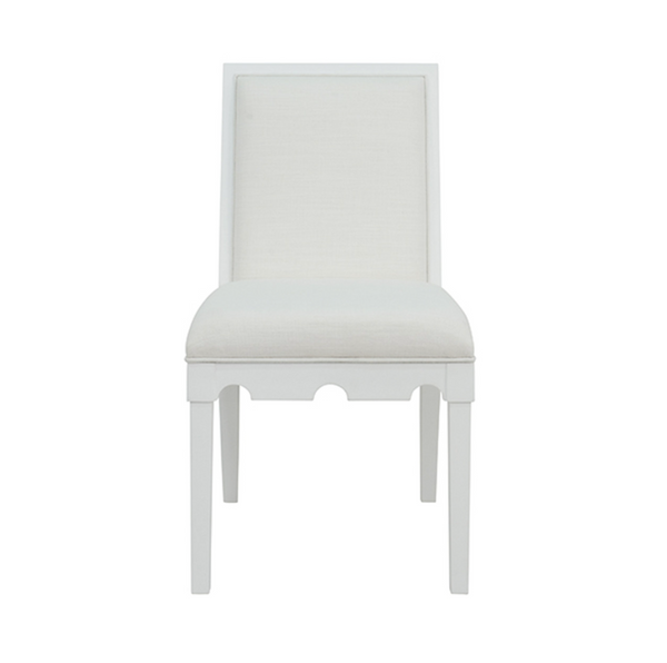 Lanister Matte White Lacquer Square Back Dining Chair with White Performance Linen Back & Seat