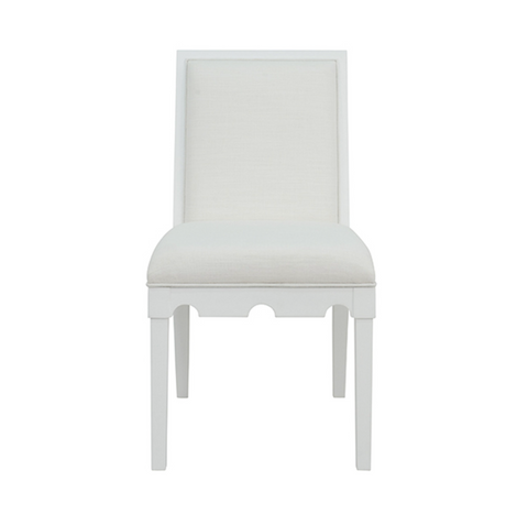Lanister Matte White Lacquer Square Back Dining Chair with White Performance Linen Back & Seat
