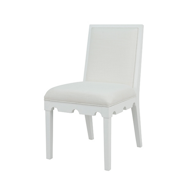 Lanister Matte White Lacquer Square Back Dining Chair with White Performance Linen Back & Seat