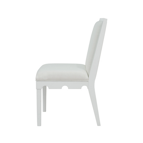 Lanister Matte White Lacquer Square Back Dining Chair with White Performance Linen Back & Seat