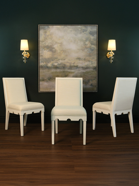 Lanister Matte White Lacquer Square Back Dining Chair with White Performance Linen Back & Seat