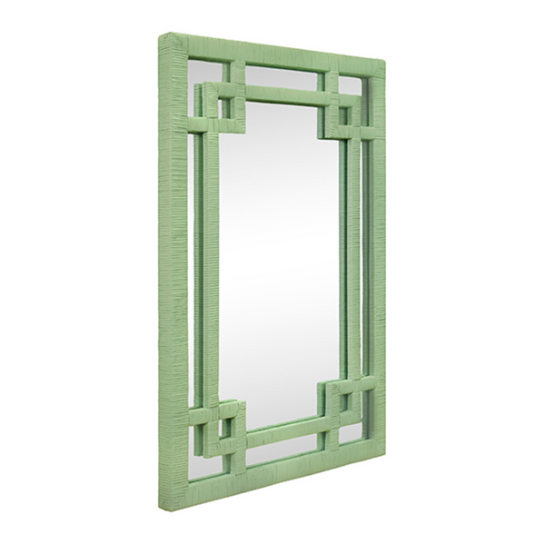 Geneva Sage Green Rattan Framed Wall Mirror with Greek Key Design