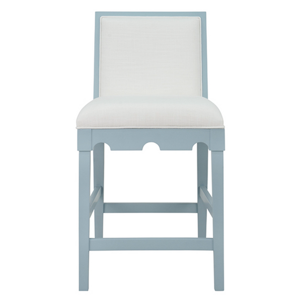 Lanister Light Blue Matte Lacquer Square Back Counter Stool with White Performance Linen Back & Seat