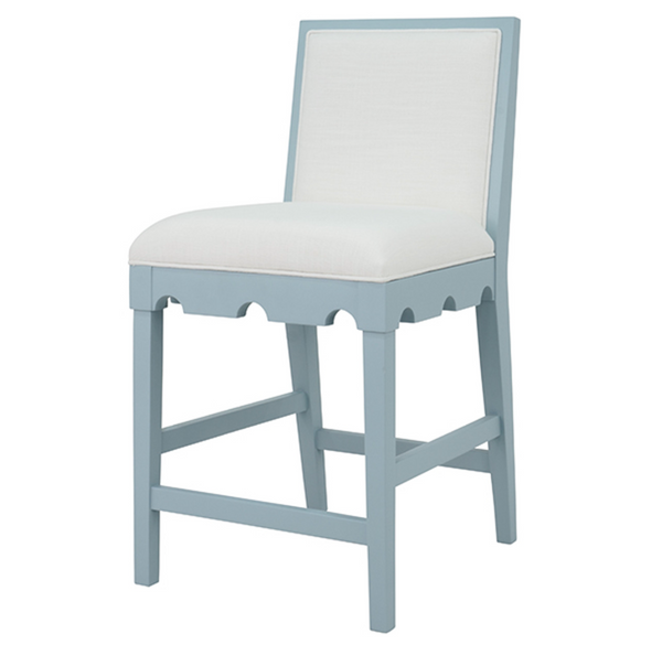 Lanister Light Blue Matte Lacquer Square Back Counter Stool with White Performance Linen Back & Seat