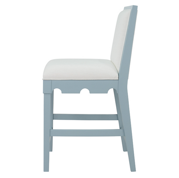 Lanister Light Blue Matte Lacquer Square Back Counter Stool with White Performance Linen Back & Seat