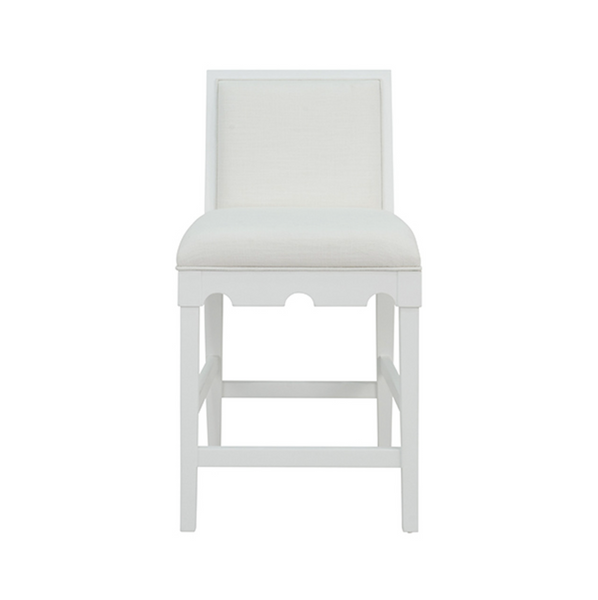 Lanister Matte White Lacquer Square Back Counter Stool with White Performance Linen Back & Seat