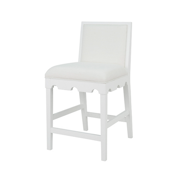 Lanister Matte White Lacquer Square Back Counter Stool with White Performance Linen Back & Seat