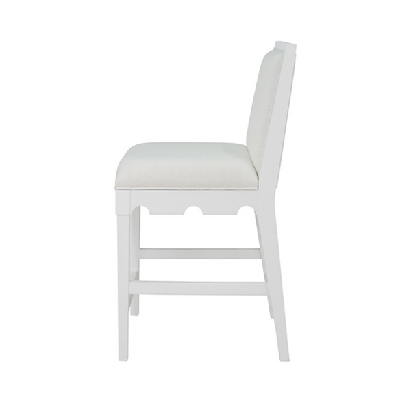 Lanister Matte White Lacquer Square Back Counter Stool with White Performance Linen Back & Seat
