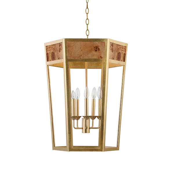 Reynolds Five Light Burlwood and Gold Metal Hexagon Pendant Light