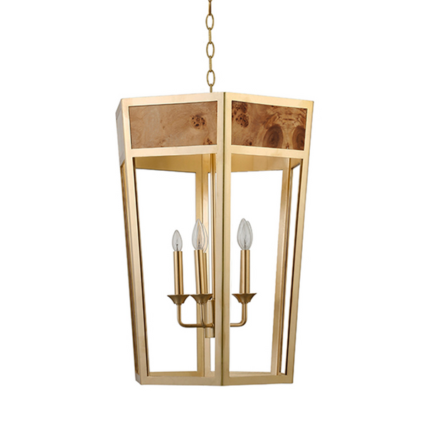 Reynolds Five Light Burlwood and Gold Metal Hexagon Pendant Light