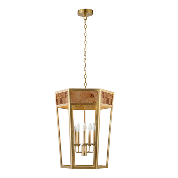 Reynolds Five Light Burlwood and Gold Metal Hexagon Pendant Light