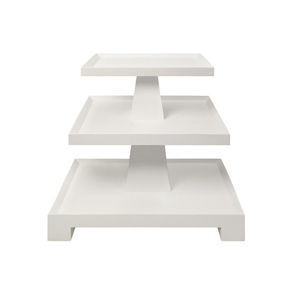 Tatiana Textured White Linen Tapered Three Tier Side Table with Center Column