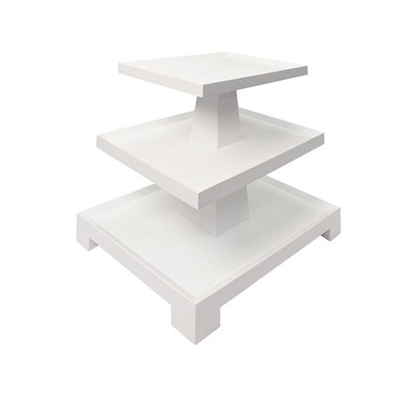 Tatiana Textured White Linen Tapered Three Tier Side Table with Center Column
