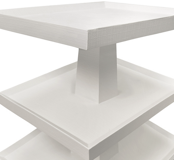 Tatiana Textured White Linen Tapered Three Tier Side Table with Center Column