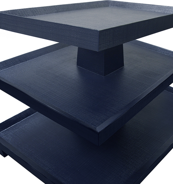 Tatiana Textured Navy Linen Tapered Three Tier Side Table with Center Column