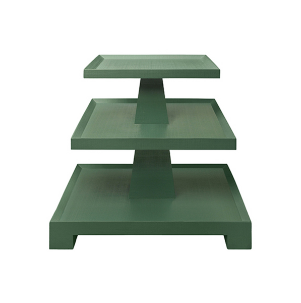 Tatiana Textured Green Linen Tapered Three Tier Side Table with Center Column