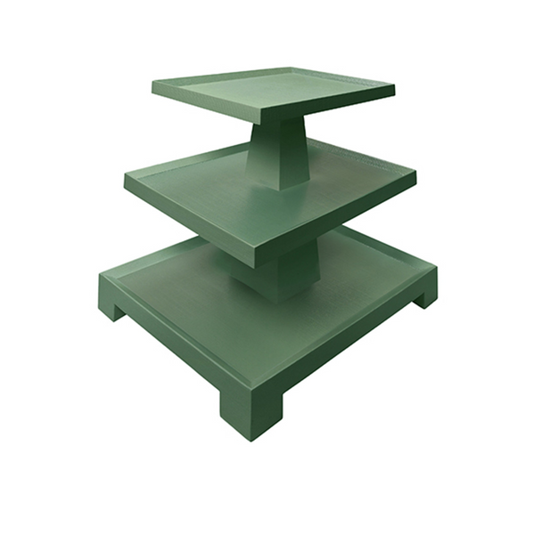 Tatiana Textured Green Linen Tapered Three Tier Side Table with Center Column