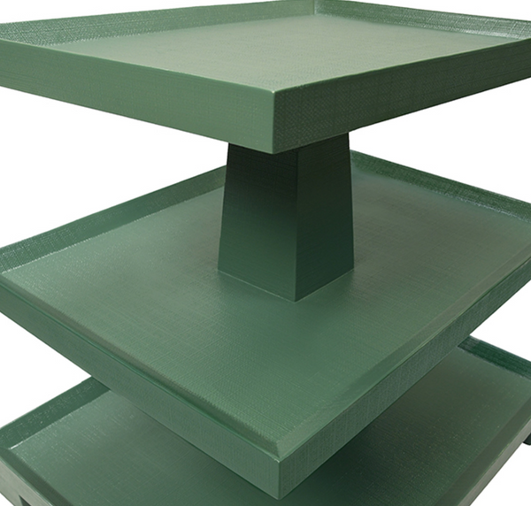 Tatiana Textured Green Linen Tapered Three Tier Side Table with Center Column